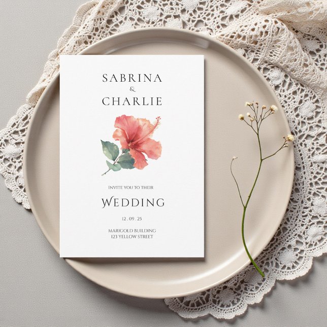 Invitation Coral Red Hibiscus Floral Tropical Wedding (Coral Red Hibiscus Floral Tropical Wedding Invitation)