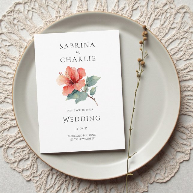 Invitation Coral Red Hibiscus Floral Tropical Wedding (Coral Red Hibiscus Floral Tropical Wedding Invitation)
