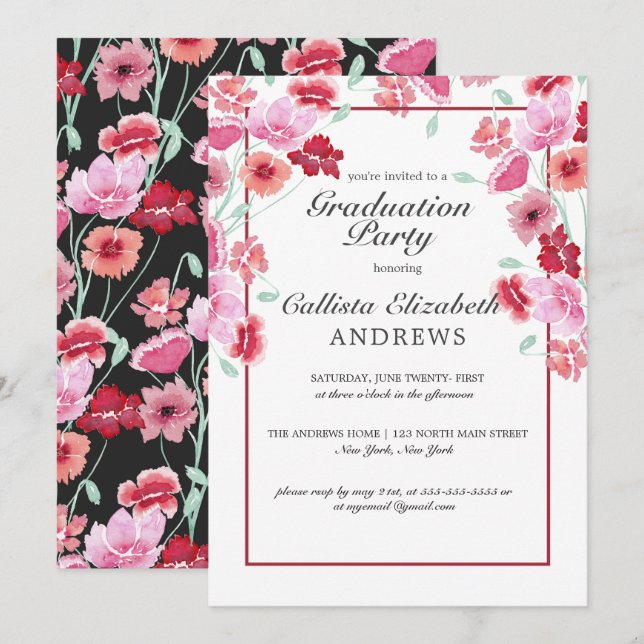 Invitation Coral Rose Floral Aquarelle Partie de graduation (Devant / Derrière)