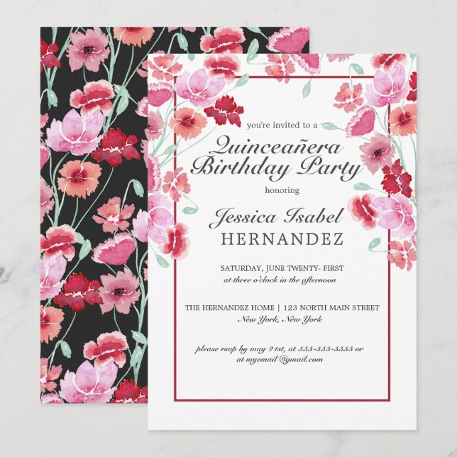 Invitation Coral rose Floral Aquarelle Quinceañera Anniversai (Devant / Derrière)