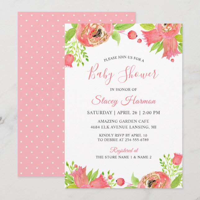 Invitation Coral rose Floral Jardin Baby shower d'aquarelle (Devant / Derrière)