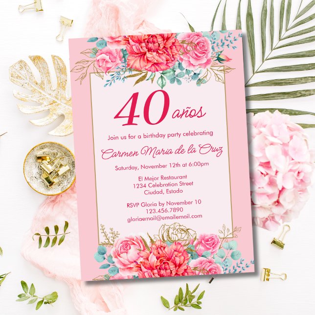 Invitation Coral rose Florals Espagnol 40e fête d'anniversair (Créateur téléchargé)
