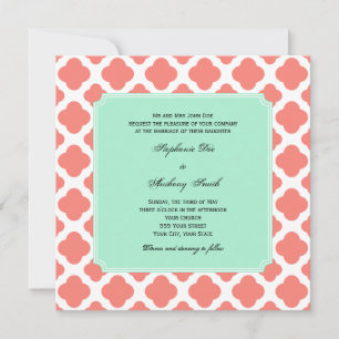 Invitation Coral rose Quatrefoil et Mariage vert à la menthe