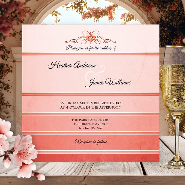 Invitation Coral rose rayé ton sur Mariage de ton (Elegant wedding invitation featuring a watercolor painted striped design in ton sur ton coral pink)