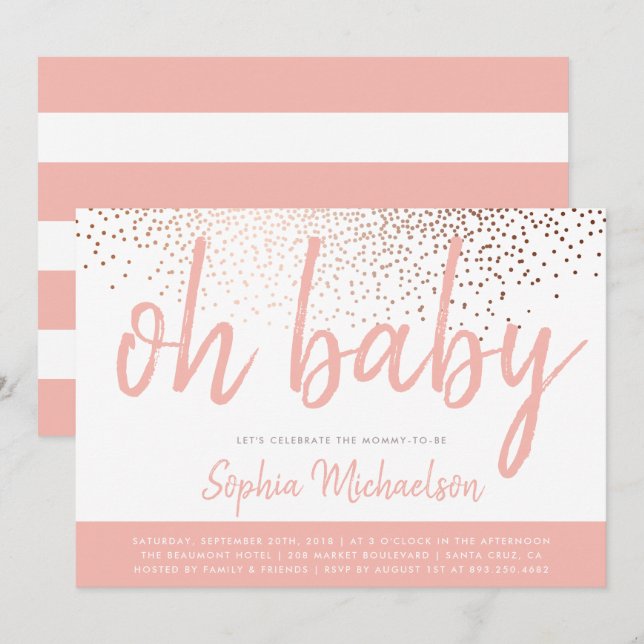 Invitation Coral rose & Rose Gold Confetti Oh Baby shower (Devant / Derrière)