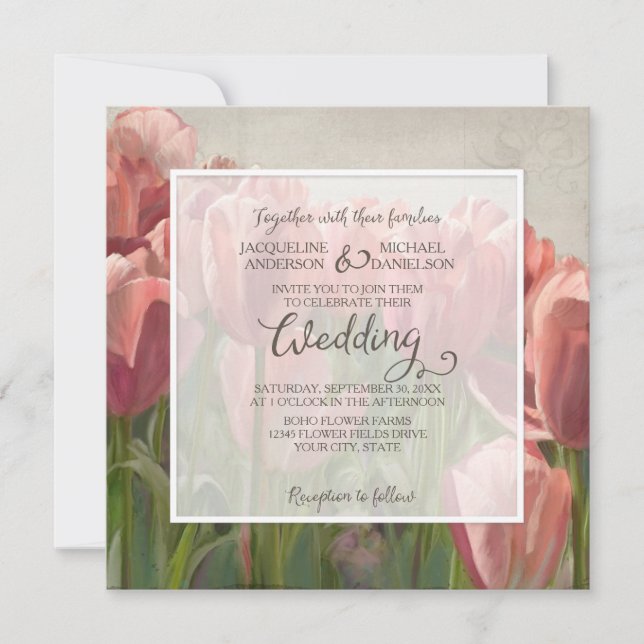 Invitation Coral rose Tulip Printemps Mariage Bois Bois Bois  (Devant)