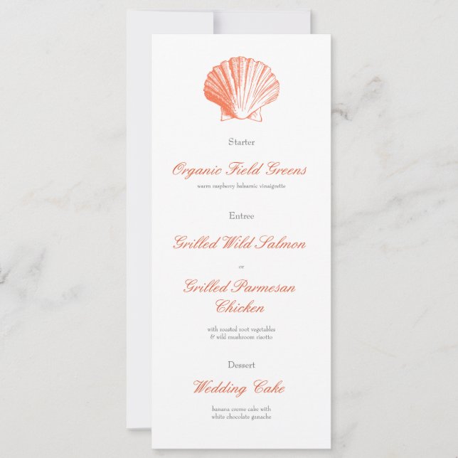 Invitation Coral Seashell Mariage Réception Dîner Menu (Devant)