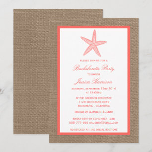 Invitation Coral Starfish Beach Burlap Bachelorette Party