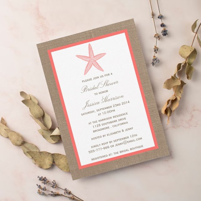 Invitation Coral Starfish Beach Burlap Fête des mariées (Créateur téléchargé)