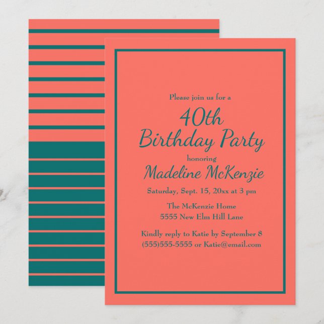 Invitation Coral Teal Striped 40th Birthday Party Invite (Devant / Derrière)