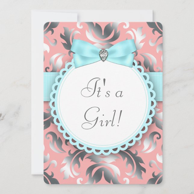 Invitation Coral Turquoise Bleu et Gris Bébé Fille Douche (Devant)