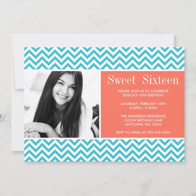 Invitation Coral Turquoise Chevron Sweet 16 Anniversaire Phot (Devant)