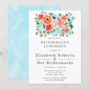Invitation Coral Turquoise Paint Fleurs Bridesmaids Déjeuner