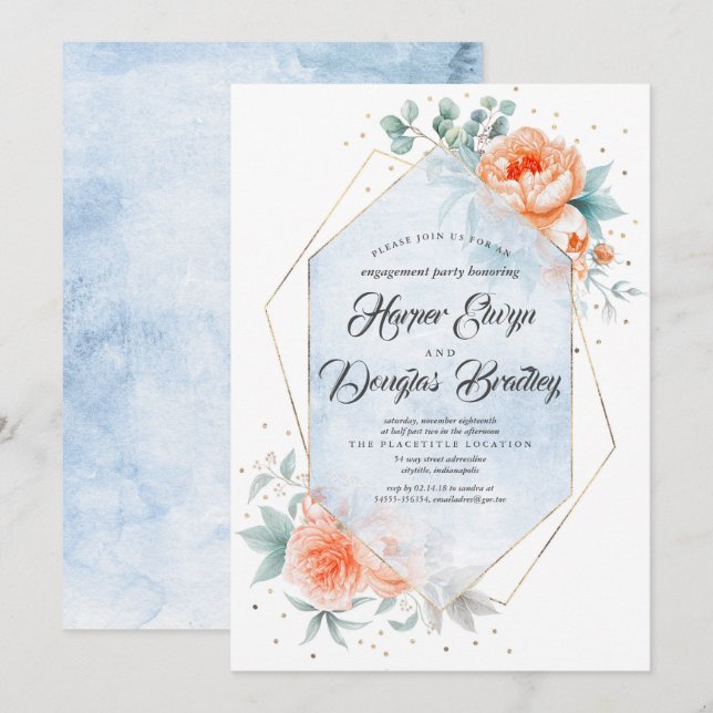 Invitation Coral Vivant Dusty Blue Floral (Devant / Derrière)