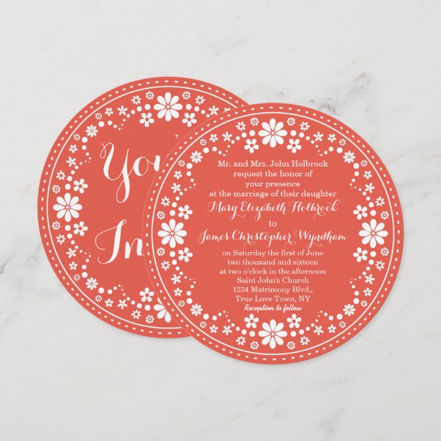 Invitation Coral White Floral Wreath Mariage Custom (Devant / Derrière)