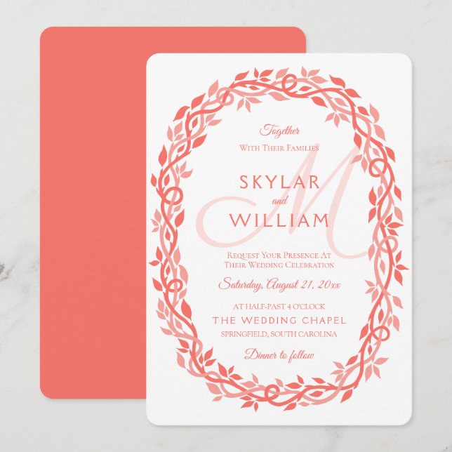 Invitation Coral Woodsy Mariage Vivre Coral Wreath Chic (Devant / Derrière)
