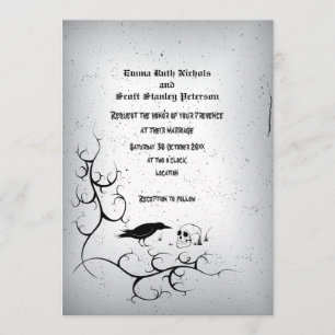 Invitation Corbeau, crâne et mariage gothique gris orné