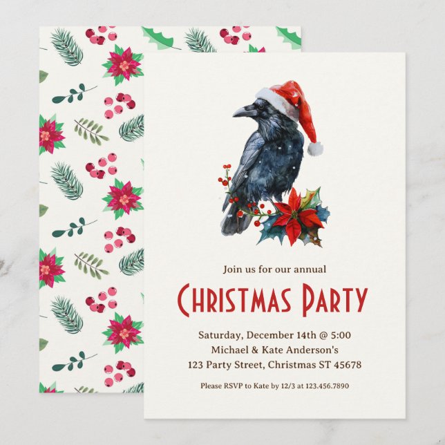 Invitation Corbeau dans un chapeau de Noël Noir Bird fête (Devant / Derrière)