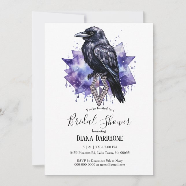 Invitation Corbeau et Fête des mariées diamant gothique viole (Devant)