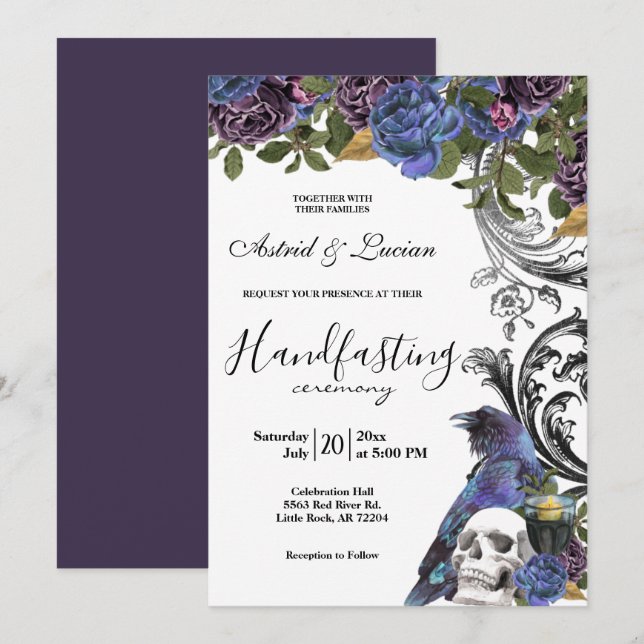 Invitation Corbeau foncé violet Roses à la main (Devant / Derrière)