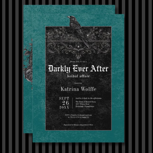 Invitation Corbeau noir gothique et Fête des mariées Turquois (Gothic Black Raven & Roses Teal Bridal Shower Invitation)