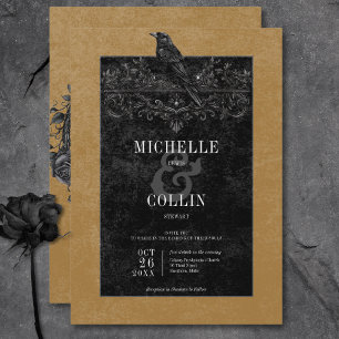 Invitation Corbeau noir gothique et Mariage or Rose noir