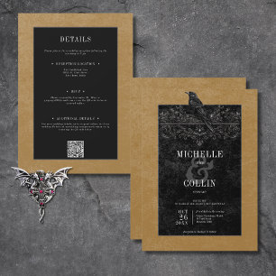 Invitation Corbeau noir gothique et Rose noir or à deux côtés