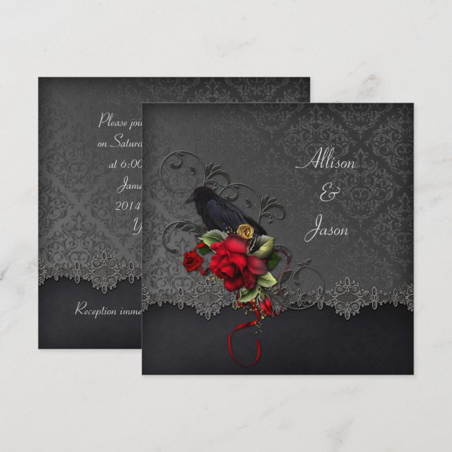 Invitation Corbeau Rouge Roses Noir Gris Damas (Devant / Derrière)