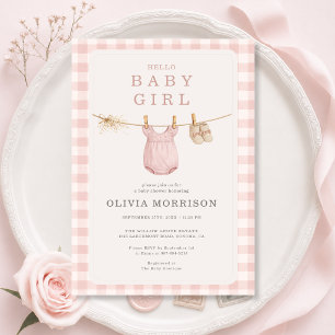Invitation Corde à linge Bébé Fille Rose Pâle Baby Shower