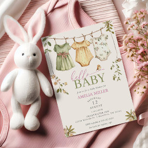 Invitation Corde à linge pour bébé fleurie Bonjour bébé Baby 