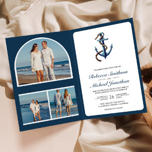 Invitation Corde d'ancre bleu marine rustique Code QR Photo M