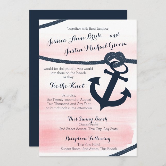 Invitation Corde et Mariage d'Ancres Nautical Pink et Navy (Devant / Derrière)
