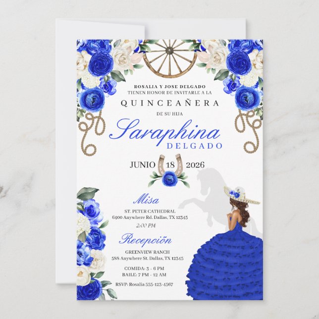 Invitation Cordes Bleues et Roses Charro Femme Quinceañera (Devant)