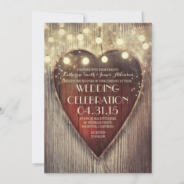 Invitation cordon de coeur sculpté lumières mariage en bois (Devant)
