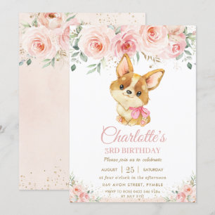 Invitation Corgi Chien Chien Rosé Blush Floral Girl Anniversa