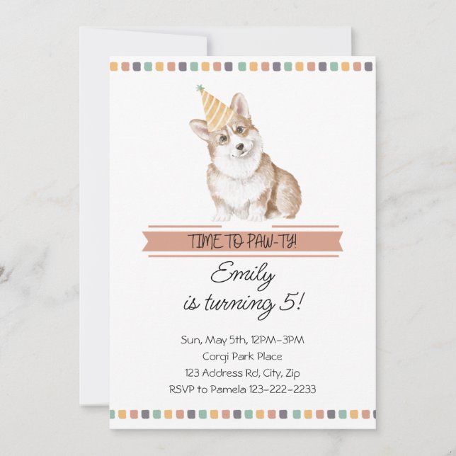 Invitation Corgi personnalisable Il est temps de pawty (Devant)