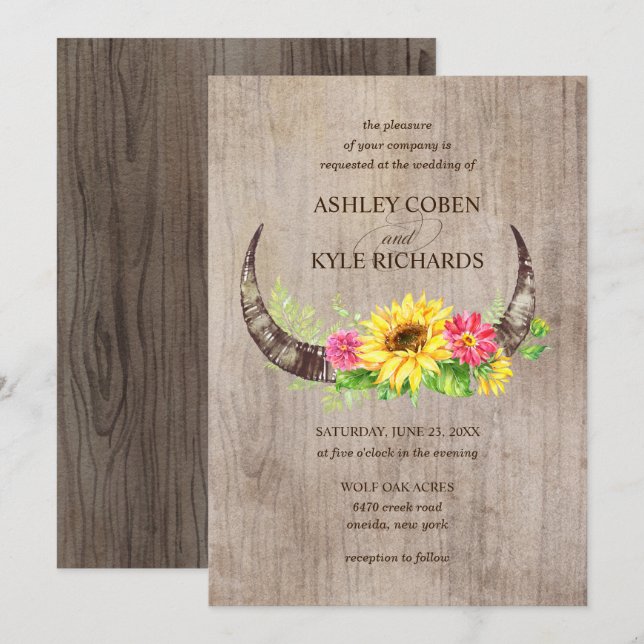 Invitation Cornes et fleurs rustiques (Devant / Derrière)