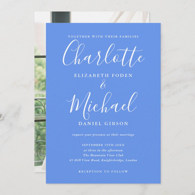 Invitation Cornflower Blue Modern Script Mariage photo (Devant / Derrière)