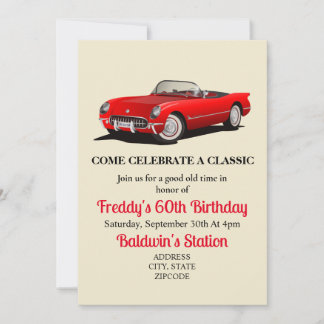 Invitation Corvette rouge, anniversaire classique, Anniversai