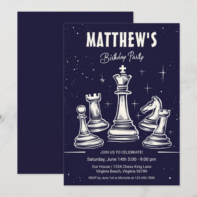 Invitation Cosmic Chess Thème Moderne Stars Anniversaire Fête (Devant / Derrière)