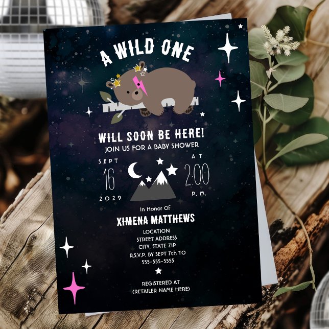 Invitation Cosmic Cub Sleepy Wild One Rose Girl Baby shower (Créateur téléchargé)