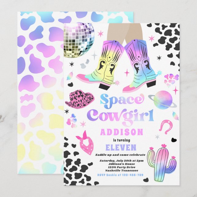 Invitation Cosmic Space Cowgirl Disco Rodéo fête d'anniversai (Devant / Derrière)