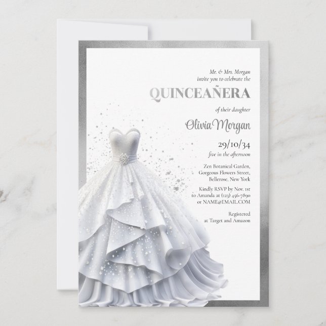 Invitation Costume argenté élégant et opulent glamour Quincea (Devant)