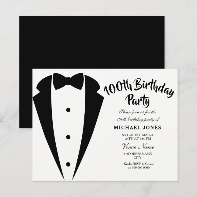 Invitation Costume & Cravate hommes 100e anniversaire invitat (Devant / Derrière)