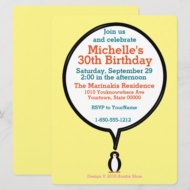 Invitation Costume d'anniversaire avec Mme Penguin Personnali (Devant / Derrière)