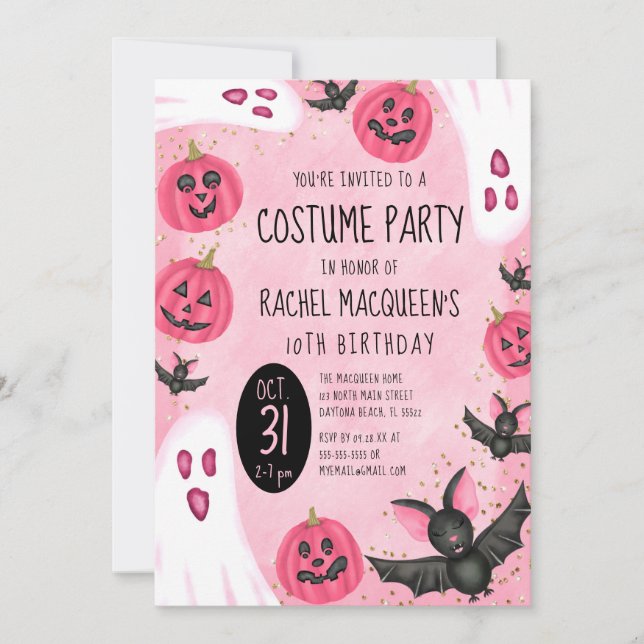 Invitation Costume de chauve-souris Fille Rose Halloween Anni (Devant)