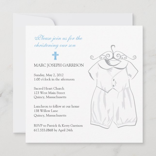 Invitation Costume de Christening Garçon et Croix Bleue (Devant)
