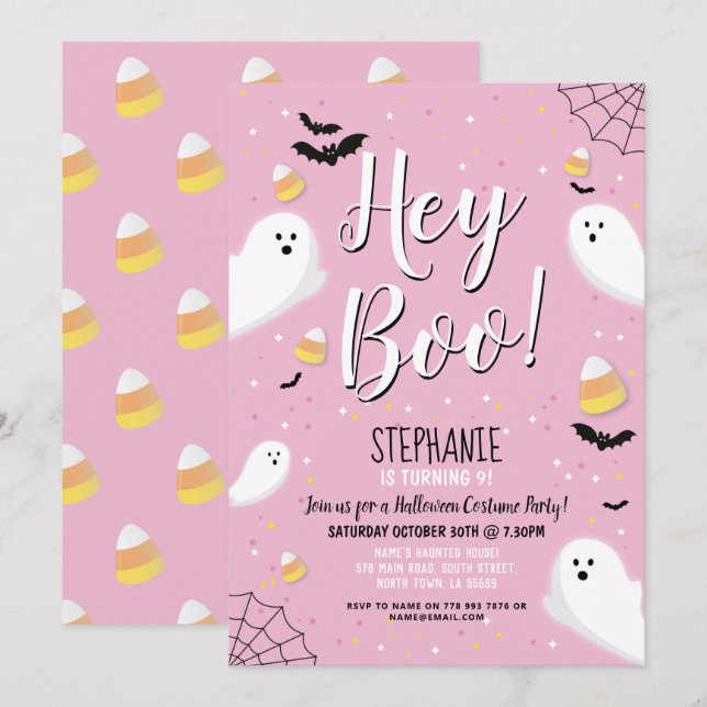Invitation Costume de fête d'Halloween Enfants Hey Boo Ghost  (Devant / Derrière)