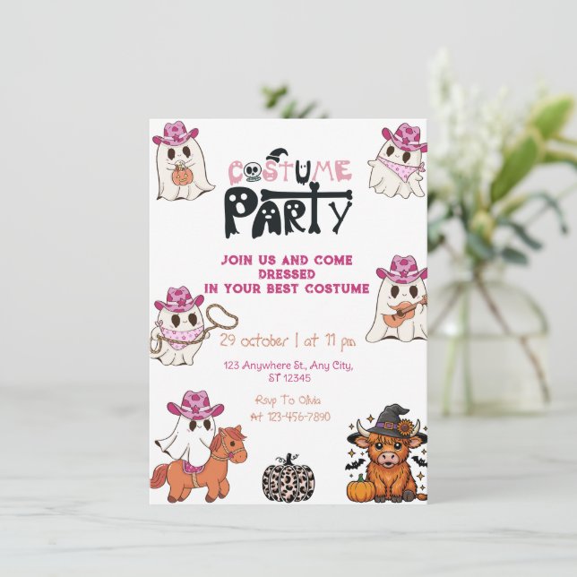 Invitation Costume d'Halloween Cowgirl rose (Debout devant)