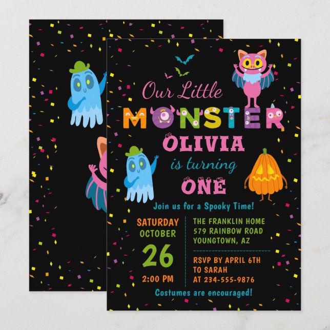 Invitation Costume d'Halloween Monster Rose Anniversaire (Devant / Derrière)